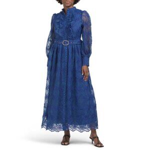 DALIA MACPHEE Royal Long Sleeve Mock Neck Lace Dress With Belt